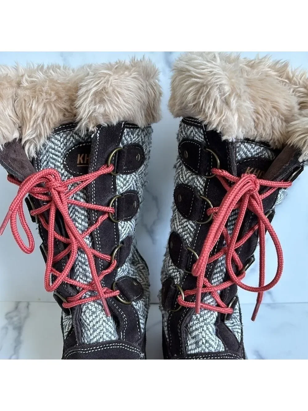 Khombu Arielle Tweed Lace Up Boot Brown Faux Fur Collar Size 7